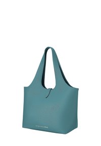 Turkusowa torba na ramię wykonana z teksturowanego materiału, z podwójnymi uchwytami i eleganckim, minimalistycznym designem. Posiada subtelne logo z przodu.