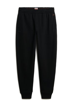 Zwarte sweatpants met een elastische tailleband, twee zijzakken, geribbelde boorden en een subtiele logodetail op het linkerpand. Soepele stoftextuur.