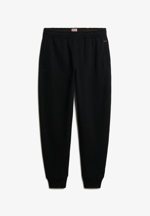 Pantaloni da jogging neri con vita elastica, due tasche laterali, polsini a costine e un sottile dettaglio del logo sulla gamba sinistra. Tessuto di consistenza liscia.