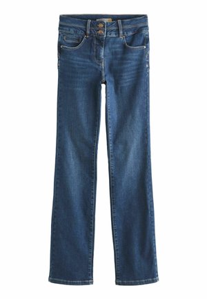 Tumedat sinised denim-püksid otse lõikega, millel on nööbiga sulgemine, kaks esipakki ja peened õmblusaktsendid.