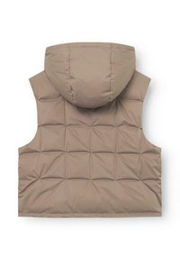 Polsterweite ärmellose Weste in hellem Beige, mit Kapuze, gestepptem Design im Rautenmuster und gesäumtem Saum. Glattes synthetisches Material.