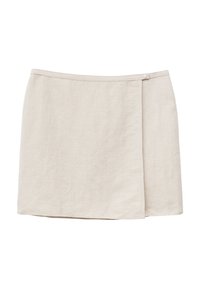 Mini-jupe beige style portefeuille avec fermeture à bouton-pression à la taille et texture de tissu simple et lisse.