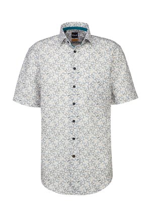 Kurzärmliges Hemd in Weiß mit blauem und gelbem Blumenmuster; verfügt über dunkle Knöpfe und ein türkisfarbenes Kragenfutter.