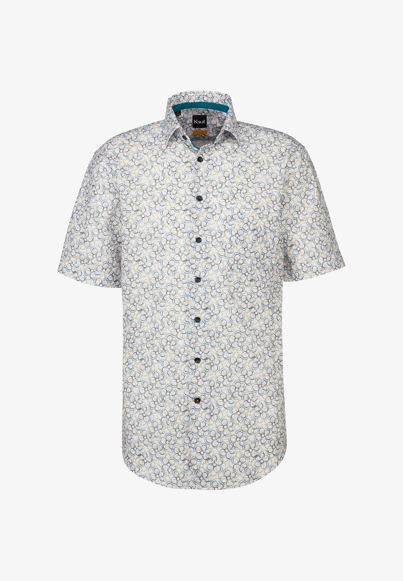 Camicetta a maniche corte con bottoni di colore bianco, decorata con un motivo floreale blu e giallo; presenta bottoni scuri e un rinforzo color turchese sul colletto.