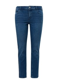 Pantalones vaqueros oscuro de mezclilla con un corte ajustado, diseño de cinco bolsillos y detalles de desgaste sutiles, terminados con un dobladillo estándar en el tobillo.