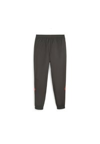 Pantalones deportivos de color verde oscuro, fabricados con material ligero, que presentan secciones laterales en un brillante color naranja, cinturilla elástica y tobillos ajustados.