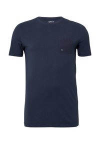 Navyblauwe katoenen t-shirt met korte mouwen, ronde hals en een borstzak met een subtiele logo. Glad textuur en casual ontwerp.
