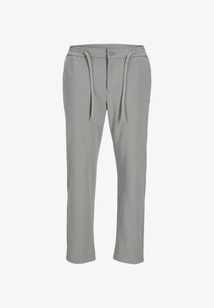 Harmaat verkkarit pehmeästä kankaasta, joissa on joustava vyötärö, jossa on nyörit, sekä yksi etutasku. Suora lahje.