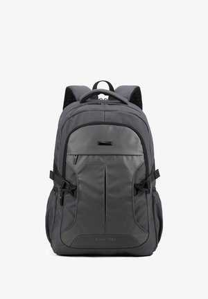 Black and gray backpack with multiple zippered compartments, padded shoulder straps, and side pockets, designed for everyday use and travel.