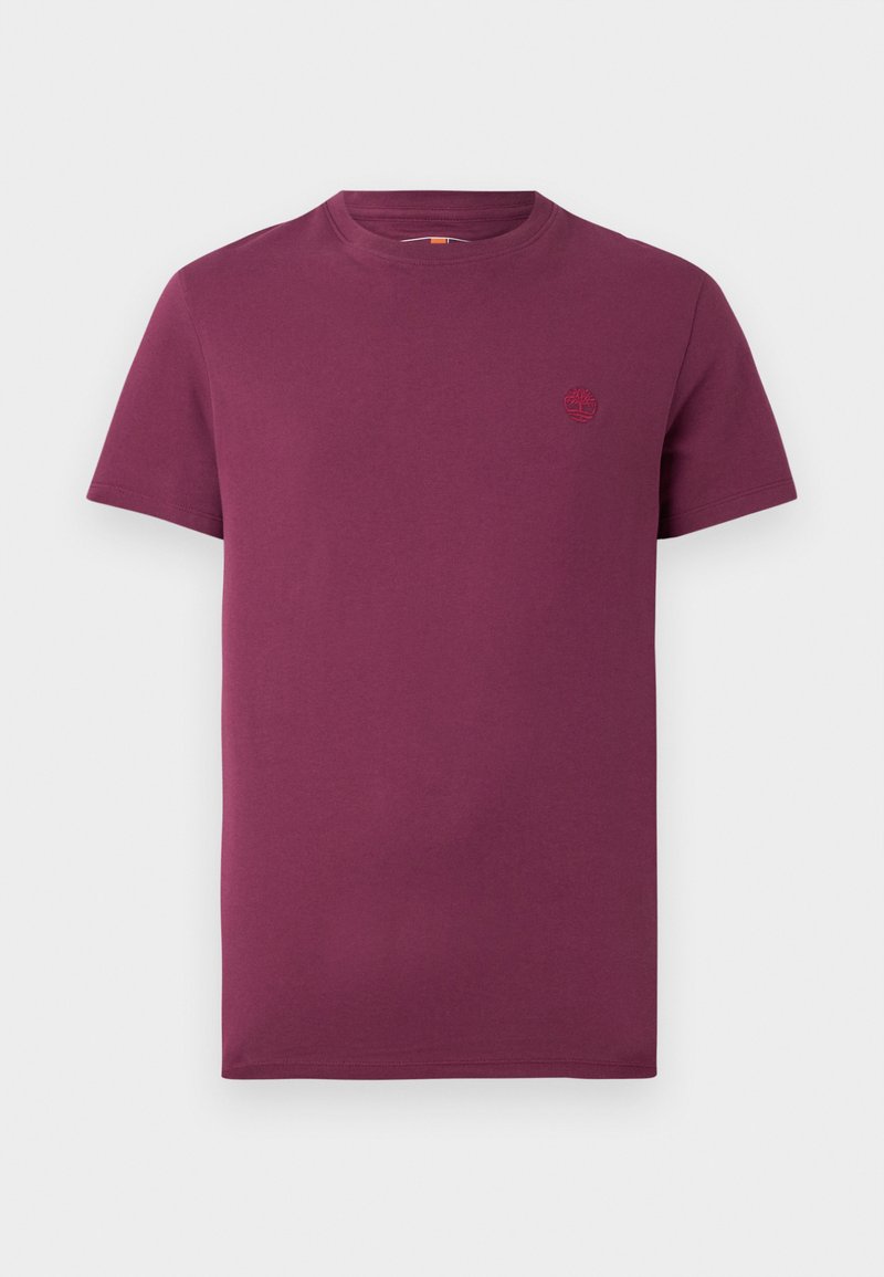 T-shirt bordeaux a maniche corte in cotone, con collo a girocollo e un piccolo logo ricamato sul lato sinistro del petto. Texture liscia.