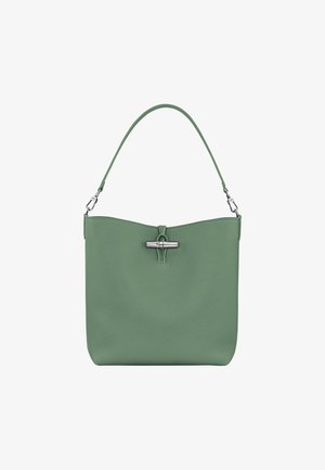 Green leather handbag with a smooth texture, featuring a top handle, silver hardware, and a minimalist design.