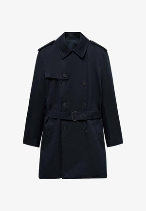 Donkerblauwe trenchcoat met dubbele knopen, ceintuur in de taille, schouderepauletten en een klassieke kraag. Gladde stoftextuur.