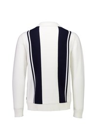 Weißer Pullover mit marineblauen vertikalen Streifen und gerippten Bündchen. Verfügt über einen Kragen und eine strukturierte Strickoptik. Rückansicht dargestellt.