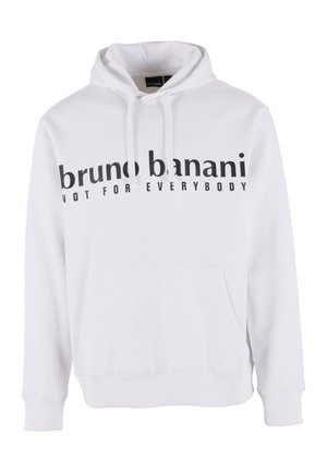 Valkoinen huppari, joka on valmistettu puuvillasekoitteesta. Sisältää etutaskun, narut ja mustalla painatuksella varustetun tekstin "bruno banani NOT FOR EVERYBODY." Pehmeä rakenne.