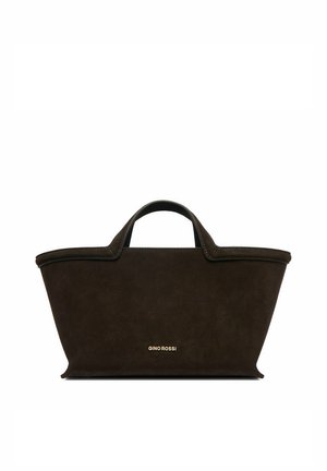 Torba na ramię z ciemnobrązowego zamszu z krótkimi uchwytami, w kształcie trapezu o strukturalnej formie, z małym złotym logo "GINO ROSSI" na środku przodu.