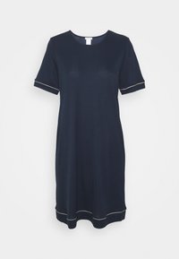 Vestido de algodón en color navy con mangas cortas, con un escote redondo y ribetes de contraste en los puños de las mangas y el dobladillo.