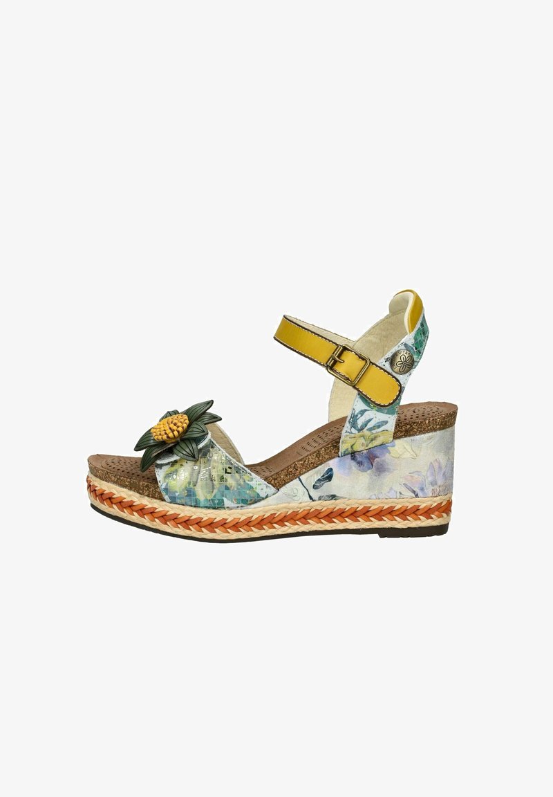 Sandali con zeppa e soletta in sughero, motivo floreale multicolore, cinghia gialla e accentuazione di ananas verde sulla punta. Suola avvolta in juta.
