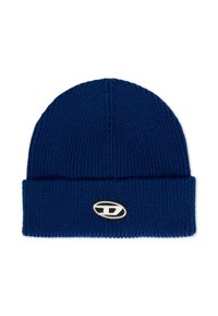 Berretto di lana blu lavorato a maglia con risvolto, caratterizzato da un logo ricamato in bianco e nero a contrasto, in tessuto texturizzato.