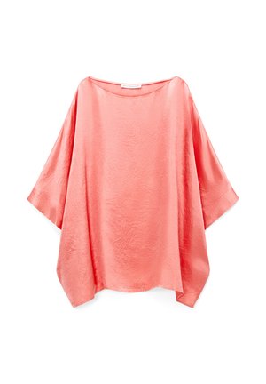 Loose coral pink satin blouse with wide 3/4 sleeves and boat neckline, displayed flat on white background.