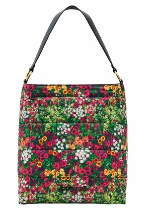 Sac à épaule en tissu matelassé avec un motif floral vif dans des teintes de rose, jaune et blanc sur un fond vert foncé. Équipé d'une bandoulière noire.
