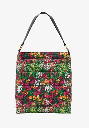 Sac à épaule en tissu matelassé avec un motif floral vif dans des teintes de rose, jaune et blanc sur un fond vert foncé. Équipé d'une bandoulière noire.