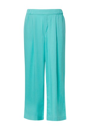 Turquoise wijde broek gemaakt van lichtgewicht stof. Voorzien van een elastische tailleband en plooidetails aan de voorkant voor extra textuur.