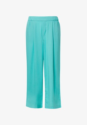 Turkusowe sprawne spodnie o szerokich nogawkach wykonane z lekkiego materiału. Posiadają elastyczny pas i detale w formie zakładek z przodu, które dodają tekstury.