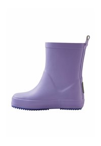 Botte de pluie en caoutchouc violette avec une finition lisse, un bout arrondi, une semelle texturée et une languette à l'arrière pour un enfilage facile.