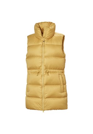 Puchowy bezrękawnik w jasnym żółtym kolorze, z wysokim kołnierzem, zamek błyskawiczny, elastyczne detale w talii oraz bocznymi kieszeniami.