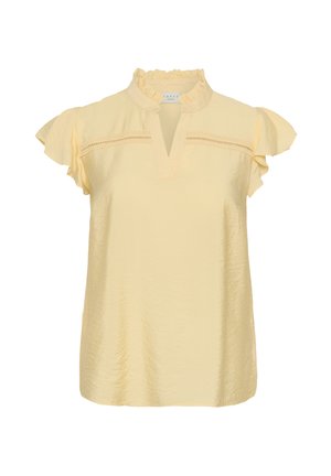 Lichtgele blouse met gerimpelde korte mouwen, kanten afwerking over de borst en een gerimpelde hoge kraag met V-hals opening.