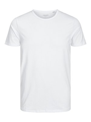 Round-neck short-sleeve t-shirt in solid white, made of soft cotton, features a simple design with no visible patterns or accents.