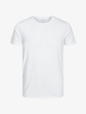 Kerek nyakú, rövid ujjú póló egyszínű fehér színben, puha pamutból készült, egyszerű dizájnnal, látható minták vagy díszítések nélkül.