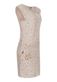 Abito beige chiaro realizzato in tessuto morbido, con una vestibilità comoda, design senza maniche e stampe colorate a tema surf. Vita regolabile con cordoncino.