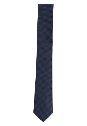 Navy blue patterned tie with a diamond texture. Slim design with pointed tip. Made of a smooth woven fabric. No visible hardware or accents.