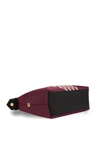 Maroon and black rectangular clutch bag with a geometric patterned front panel and gold-tone hardware on a white background.