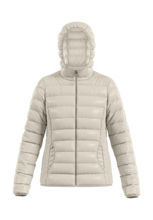 Puffer jacket in light beige, featuring a hood, front zipper, and ribbed texture with horizontal stitching. Equipped with side pockets.