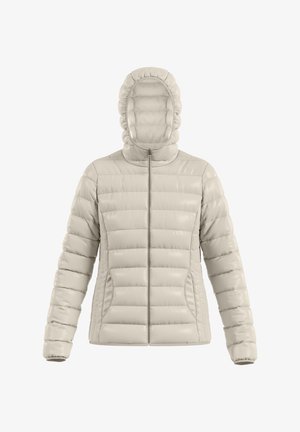 Veste en duvet de couleur beige clair, dotée d'une capuche, d'une fermeture éclair à l'avant et d'une texture côtelée avec des coutures horizontales. Équipée de poches latérales.