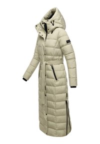 Lange, gevoerde jas in lichtbeige met een trekkoordkap, een ceintuur in de taille en zijzakken met rits. Voorzien van zwarte accenten en elastische manchetten.
