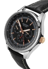 Sekonda watch with a black dial, silver case, and black leather strap. Features rose gold accents, chronograph sub-dials, and a rotating bezel.