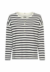 Gestreepte lange mouw top in wit en marineblauw, met een ronde hals, knoopsluiting en een ontspannen pasvorm. Zachte stof met een gladde textuur.