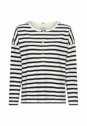 Stribet langærmet top i hvid og marineblå, der har en rund hals, knaplukning og en afslappet pasform. Blødt stof med en glat tekstur.