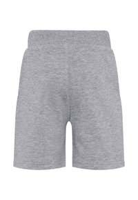Grå bomullsshortser med elastisk midje og en enkel, glatt tekstur. Beina er korte med et rent, rett snittdesign.