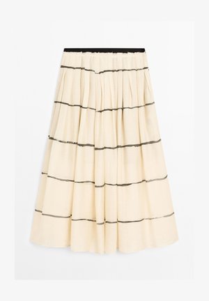 Cremefarvet nederdel med plisseringer, udstyret med mørke vandrette striber. Elastisk talje med en glat overflade og letvægts stof.