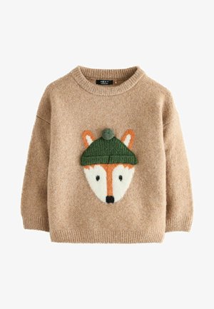Brown knitted sweater featuring a fox face design with a green hat. The texture is soft with ribbed cuffs and hem.