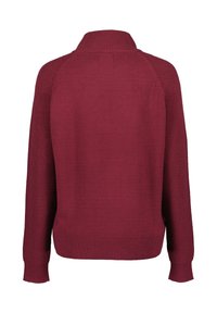Dunkelroter, gestrickter Pullover mit langen Ärmeln und geripptem Kragen, Bündchen und Saum, von hinten auf einem weißen Hintergrund gezeigt.