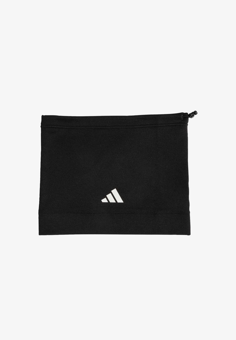 Sacchetto in tessuto nero con cerniera superiore e cuciture sottili rifinite. Presenta un logo bianco con tre strisce su un lato. Texture liscia.