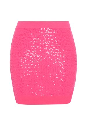 Pink mininederdel med en tekstur dækket af pailletter og en ensfarvet linning. Pasformen er tætsiddende og glat, hvilket fremhæver pailletternes glans.