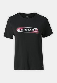 Černé bavlněné tričko s krátkým rukávem, obsahující bílé a růžové grafické logo "G-STAR" na hrudi a rovný lem.