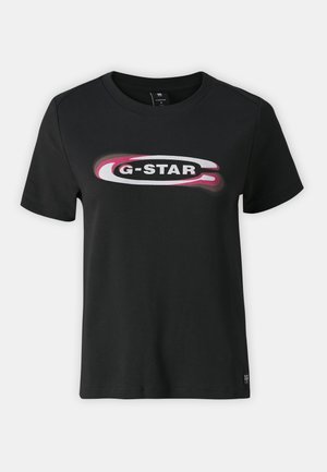 Zwarte katoenen t-shirt met korte mouwen, voorzien van een wit en roze grafisch logo "G-STAR" over de borst en een rechte zoom.