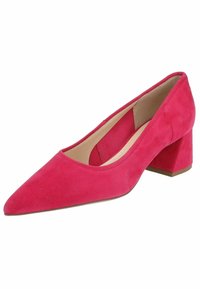 Scarpa con tacco in suede rosa, con punta affilata e tacco quadrato. Texture liscia, design minimalista e silhouette pulita.